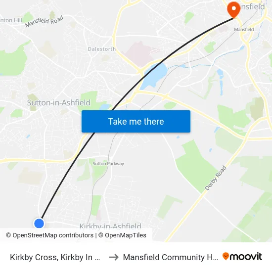 Kirkby Cross, Kirkby In Ashfield to Mansfield Community Hospital map