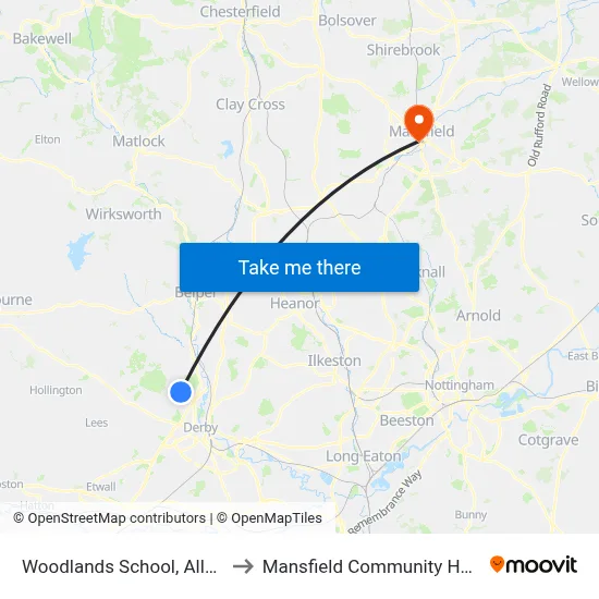 Woodlands School, Allestree to Mansfield Community Hospital map