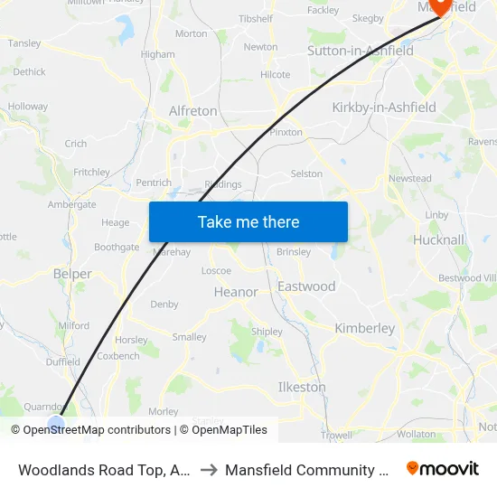 Woodlands Road Top, Allestree to Mansfield Community Hospital map