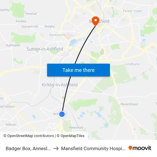 Badger Box, Annesley to Mansfield Community Hospital map
