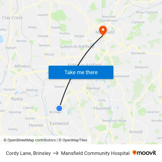 Cordy Lane, Brinsley to Mansfield Community Hospital map