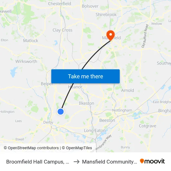 Broomfield Hall Campus, Broomfield to Mansfield Community Hospital map