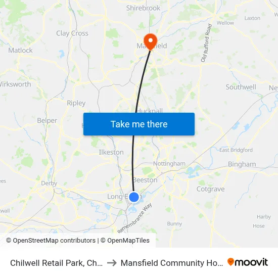 Chilwell Retail Park, Chilwell to Mansfield Community Hospital map