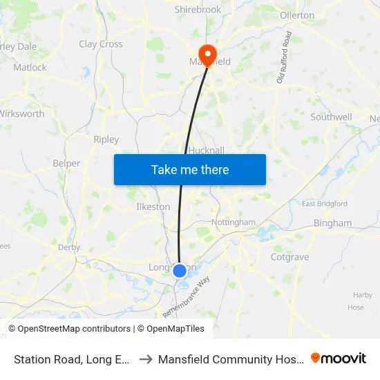 Station Road, Long Eaton to Mansfield Community Hospital map