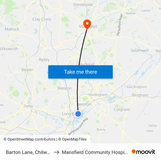 Barton Lane, Chilwell to Mansfield Community Hospital map