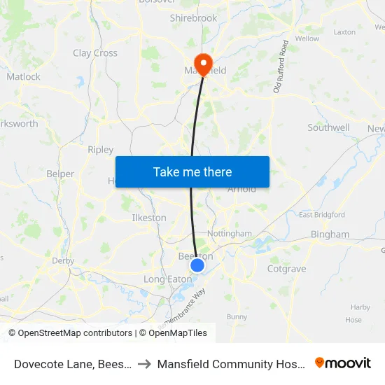 Dovecote Lane, Beeston to Mansfield Community Hospital map