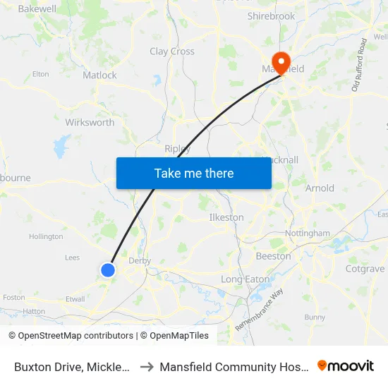 Buxton Drive, Mickleover to Mansfield Community Hospital map
