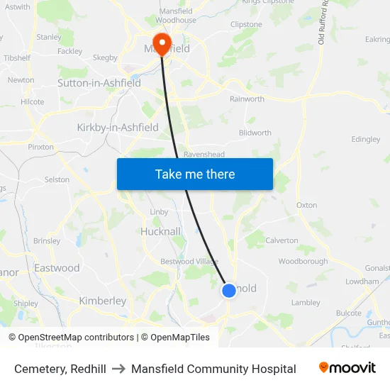Cemetery, Redhill to Mansfield Community Hospital map