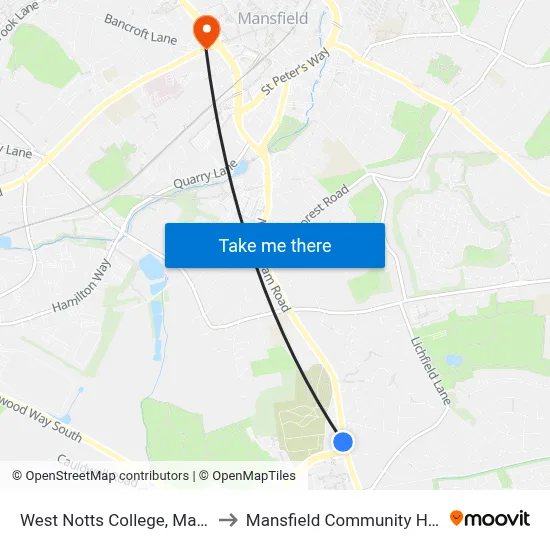 West Notts College, Mansfield to Mansfield Community Hospital map
