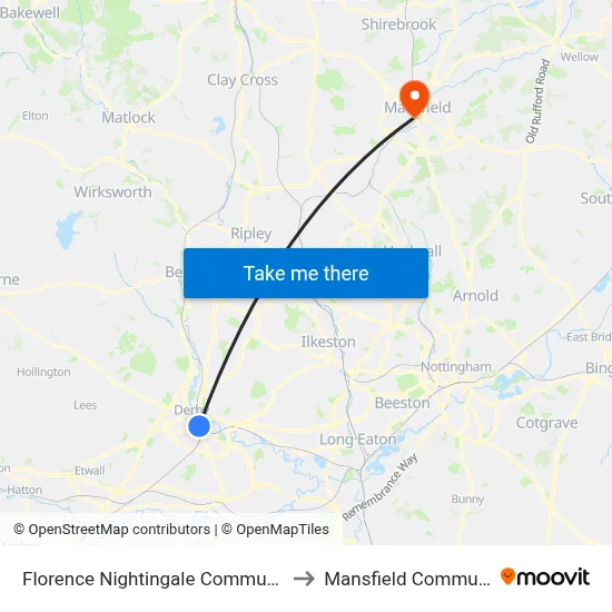 Florence Nightingale Community Hospital, Derby to Mansfield Community Hospital map