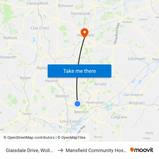 Glaisdale Drive, Wollaton to Mansfield Community Hospital map