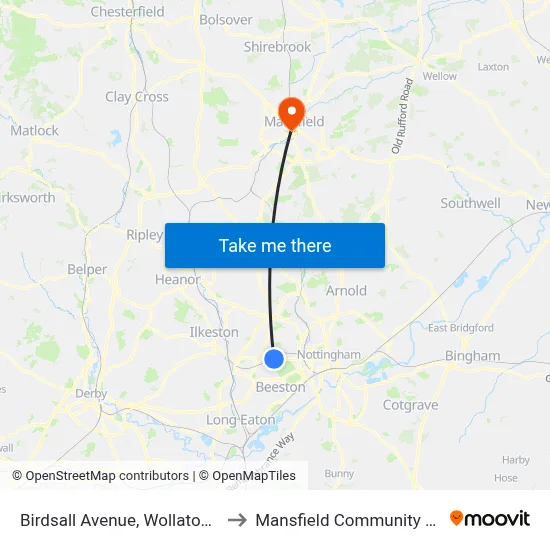 Birdsall Avenue, Wollaton (Wo85) to Mansfield Community Hospital map