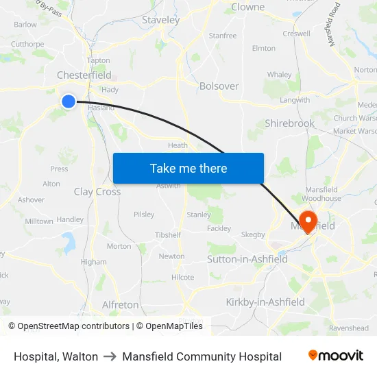 Hospital, Walton to Mansfield Community Hospital map