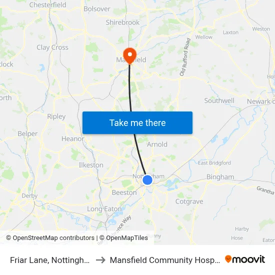 Friar Lane, Nottingham to Mansfield Community Hospital map