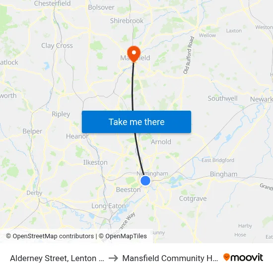 Alderney Street, Lenton (Le15) to Mansfield Community Hospital map