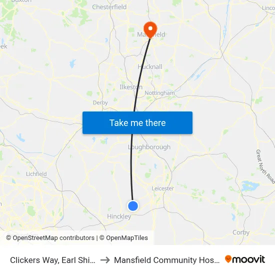 Clickers Way, Earl Shilton to Mansfield Community Hospital map