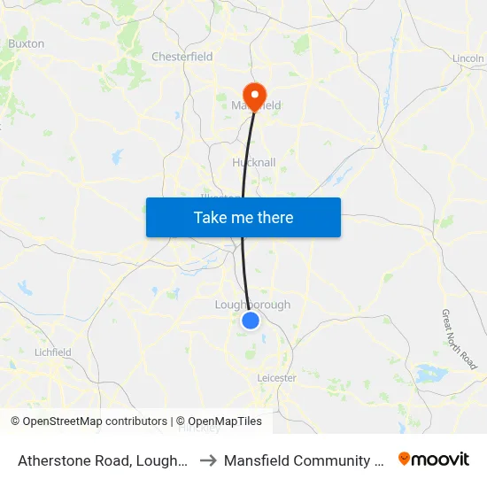 Atherstone Road, Loughborough to Mansfield Community Hospital map