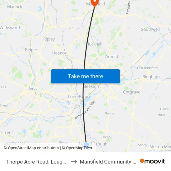 Thorpe Acre Road, Loughborough to Mansfield Community Hospital map