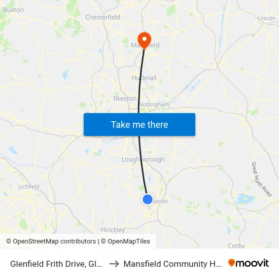 Glenfield Frith Drive, Glenfield to Mansfield Community Hospital map