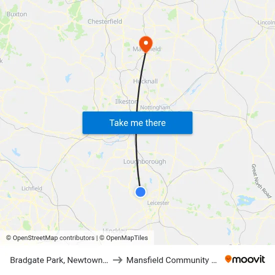 Bradgate Park, Newtown Linford to Mansfield Community Hospital map