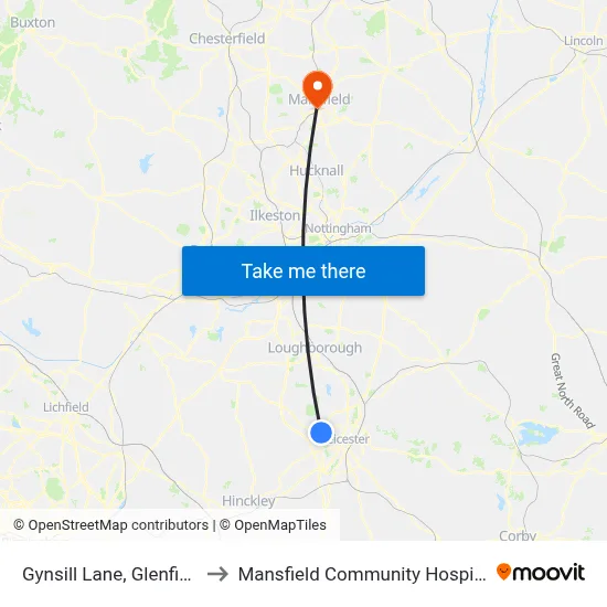 Gynsill Lane, Glenfield to Mansfield Community Hospital map