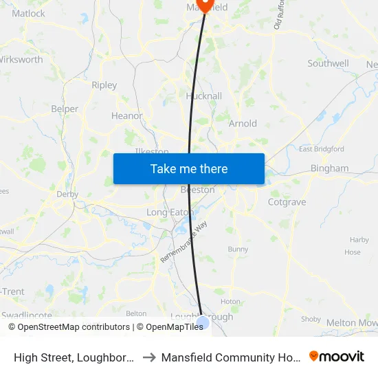 High Street, Loughborough to Mansfield Community Hospital map