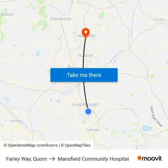 Farley Way, Quorn to Mansfield Community Hospital map