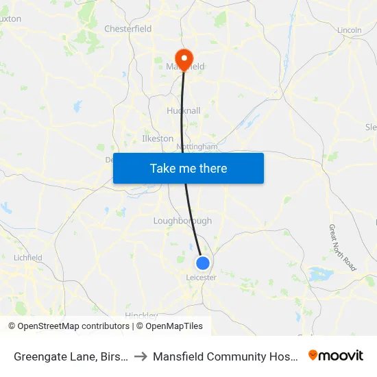 Greengate Lane, Birstall to Mansfield Community Hospital map