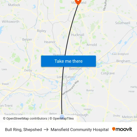 Bull Ring, Shepshed to Mansfield Community Hospital map