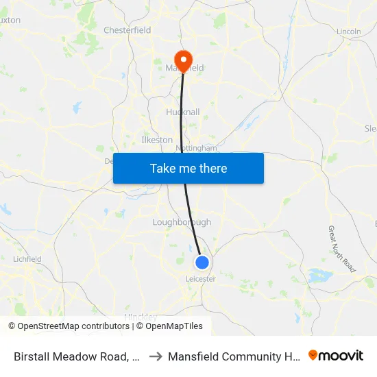 Birstall Meadow Road, Birstall to Mansfield Community Hospital map