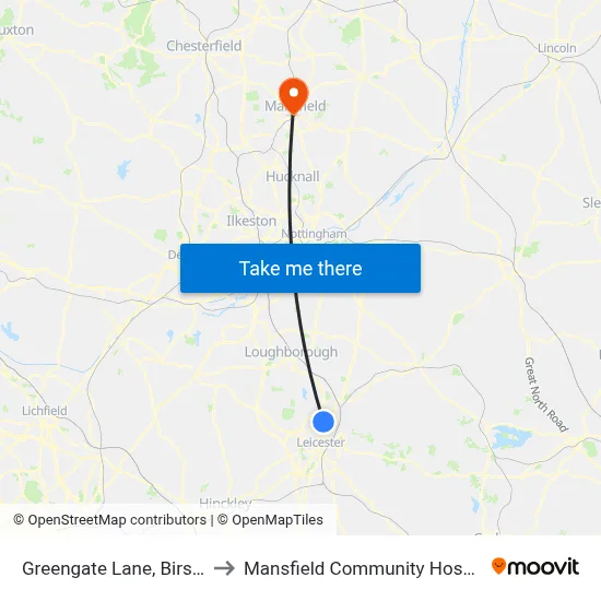 Greengate Lane, Birstall to Mansfield Community Hospital map