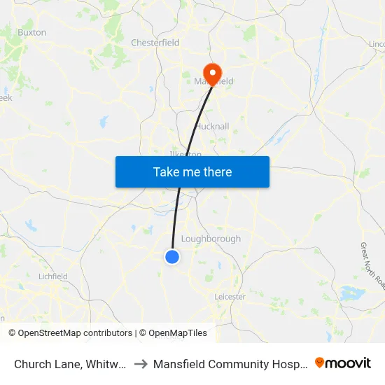 Church Lane, Whitwick to Mansfield Community Hospital map