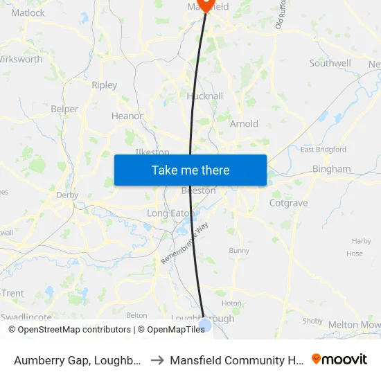Aumberry Gap, Loughborough to Mansfield Community Hospital map