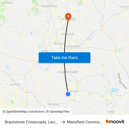 Braunstone Crossroads, Leicester Forest East to Mansfield Community Hospital map