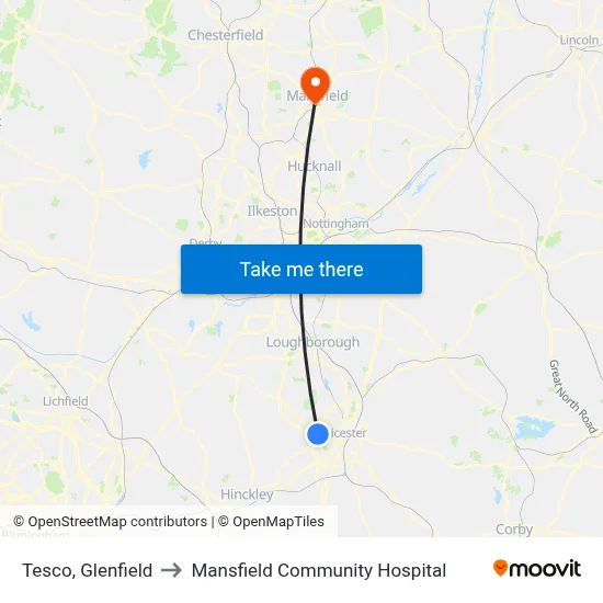 Tesco, Glenfield to Mansfield Community Hospital map