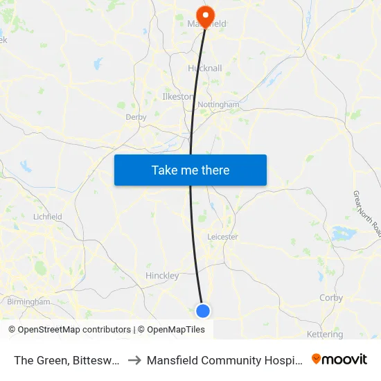 The Green, Bitteswell to Mansfield Community Hospital map