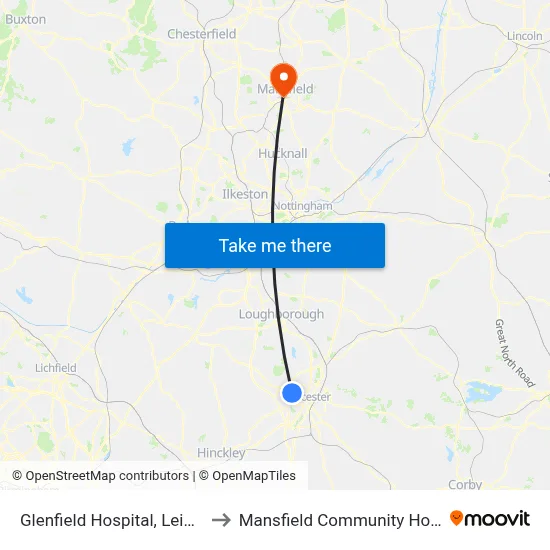 Glenfield Hospital, Leicester to Mansfield Community Hospital map