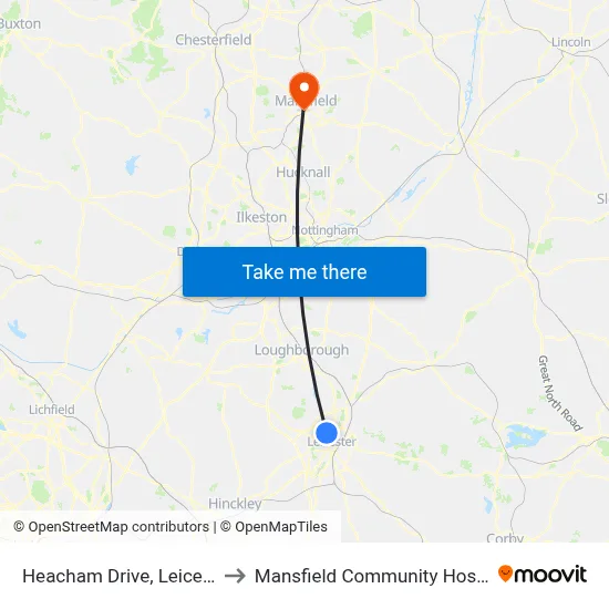 Heacham Drive, Leicester to Mansfield Community Hospital map