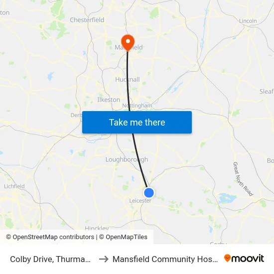 Colby Drive, Thurmaston to Mansfield Community Hospital map