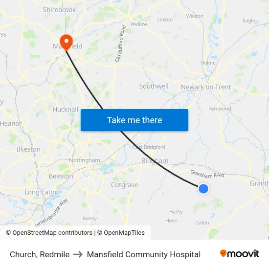 Church, Redmile to Mansfield Community Hospital map