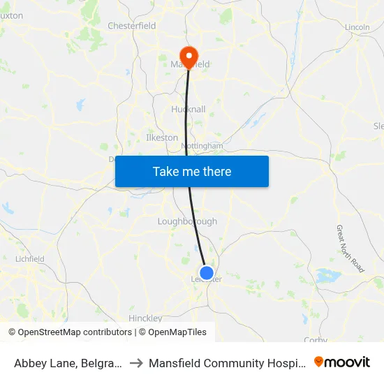 Abbey Lane, Belgrave to Mansfield Community Hospital map