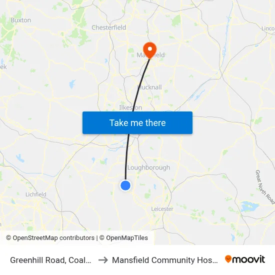 Greenhill Road, Coalville to Mansfield Community Hospital map