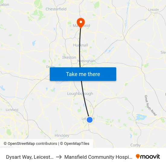 Dysart Way, Leicester to Mansfield Community Hospital map
