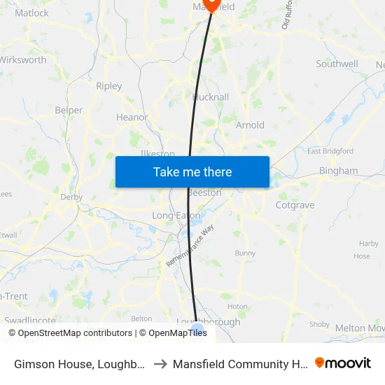 Gimson House, Loughborough to Mansfield Community Hospital map