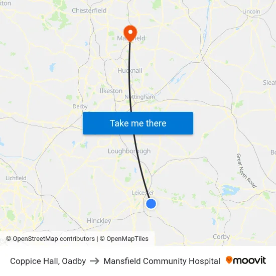 Coppice Hall, Oadby to Mansfield Community Hospital map
