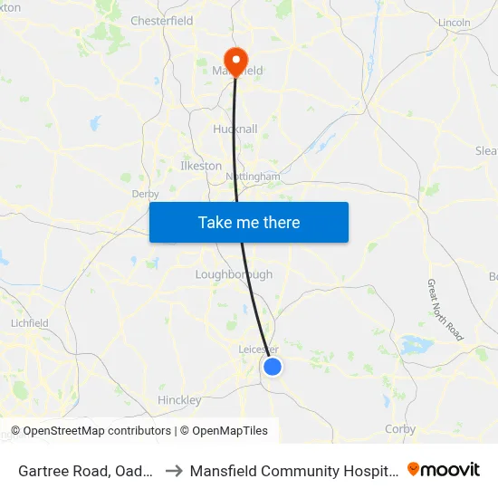 Gartree Road, Oadby to Mansfield Community Hospital map