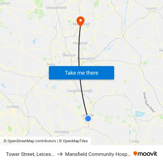 Tower Street, Leicester to Mansfield Community Hospital map