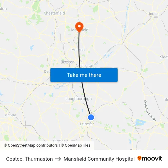 Costco, Thurmaston to Mansfield Community Hospital map