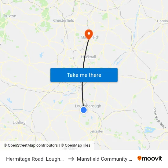 Hermitage Road, Loughborough to Mansfield Community Hospital map