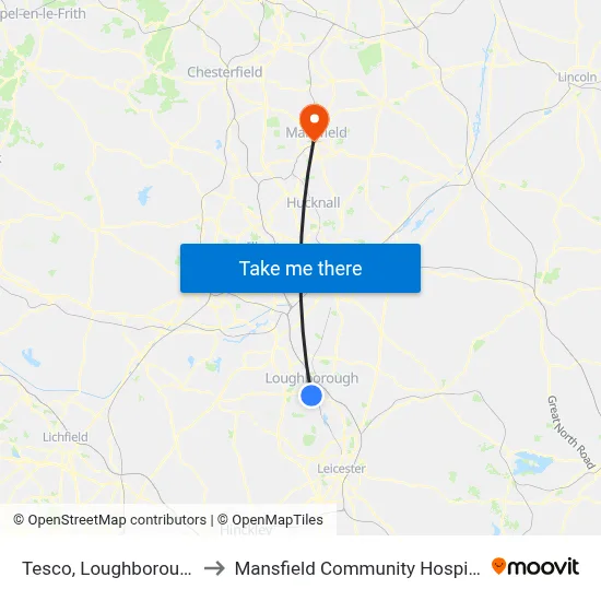 Tesco, Loughborough to Mansfield Community Hospital map